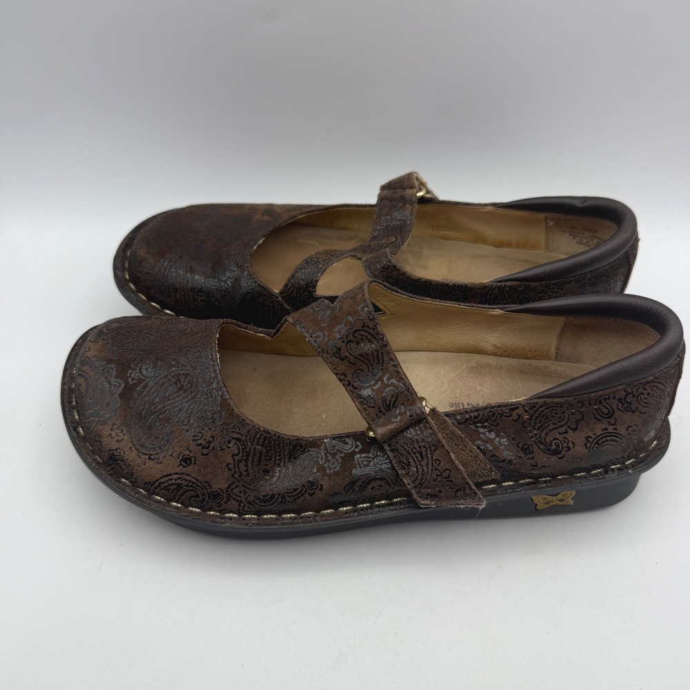 Alegria Jil Mary Jane Women 37 US 7-7.5 Brown Paisley Leather Clogs JIL-552